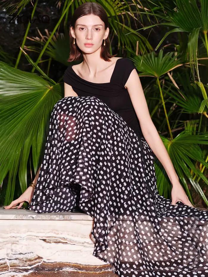 Jupe ZIQIAO en mousseline à pois vintage, élégante et décontractée pour femmes, idéale pour sorties nocturnes et occasions spéciales