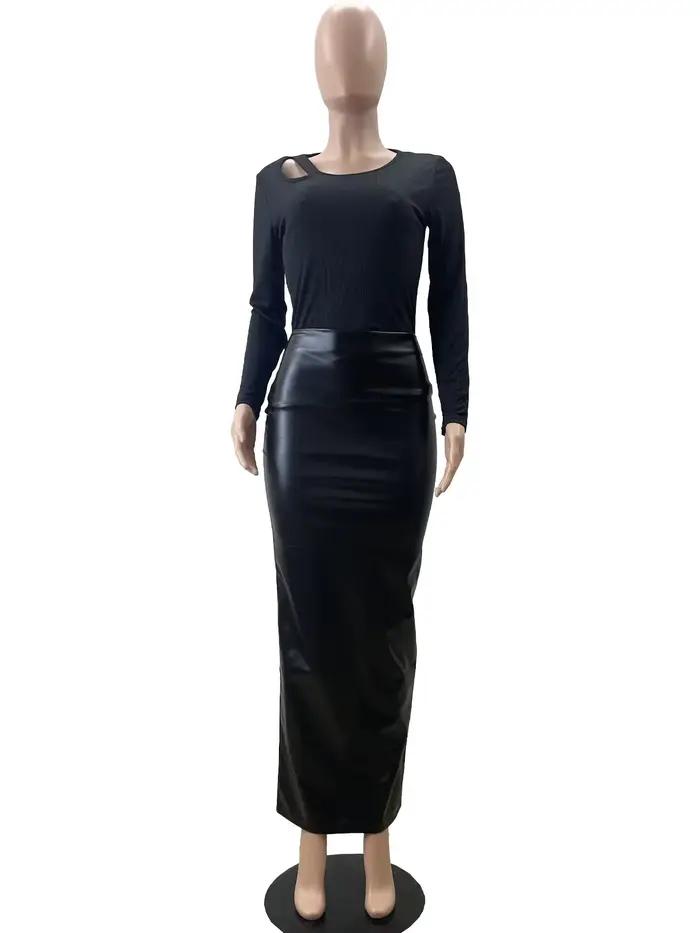 Jupe noire en PU Midi mode Sexy femmes taille haute élastique longue