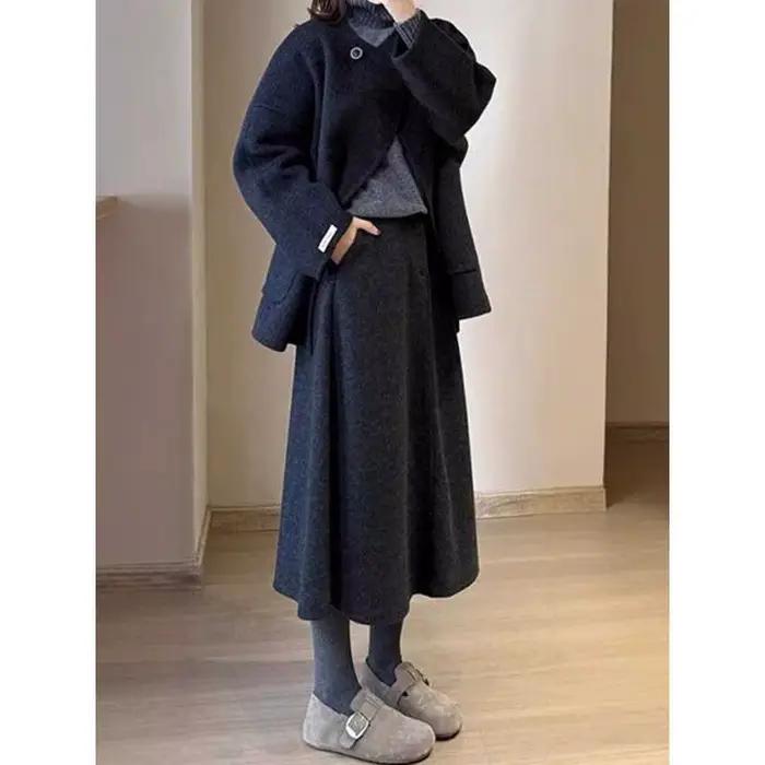 Jupe midi trapèze en laine pour femme