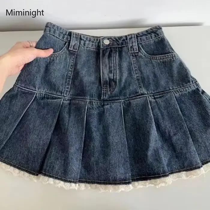 Jupe en jean bleu pour femme, patchwork de dentelle douce, mini jupes plissées Y2k, mode coréenne, mince, taille haute, ligne A, streetwear décontracté pour femmes toutes saisons