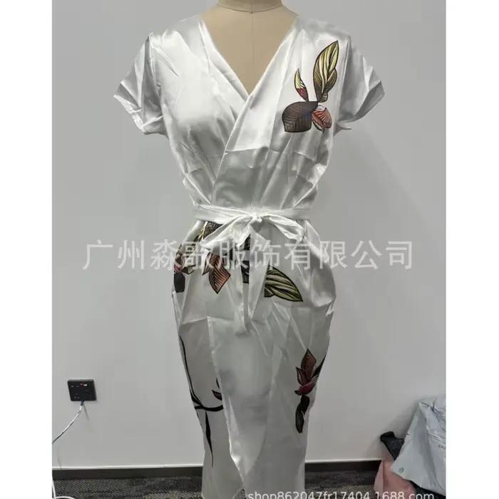 Robe portefeuille mi-longue élégante imprimé floral pour femmes décontractée printemps été ourlet fendu col en V manches courtes