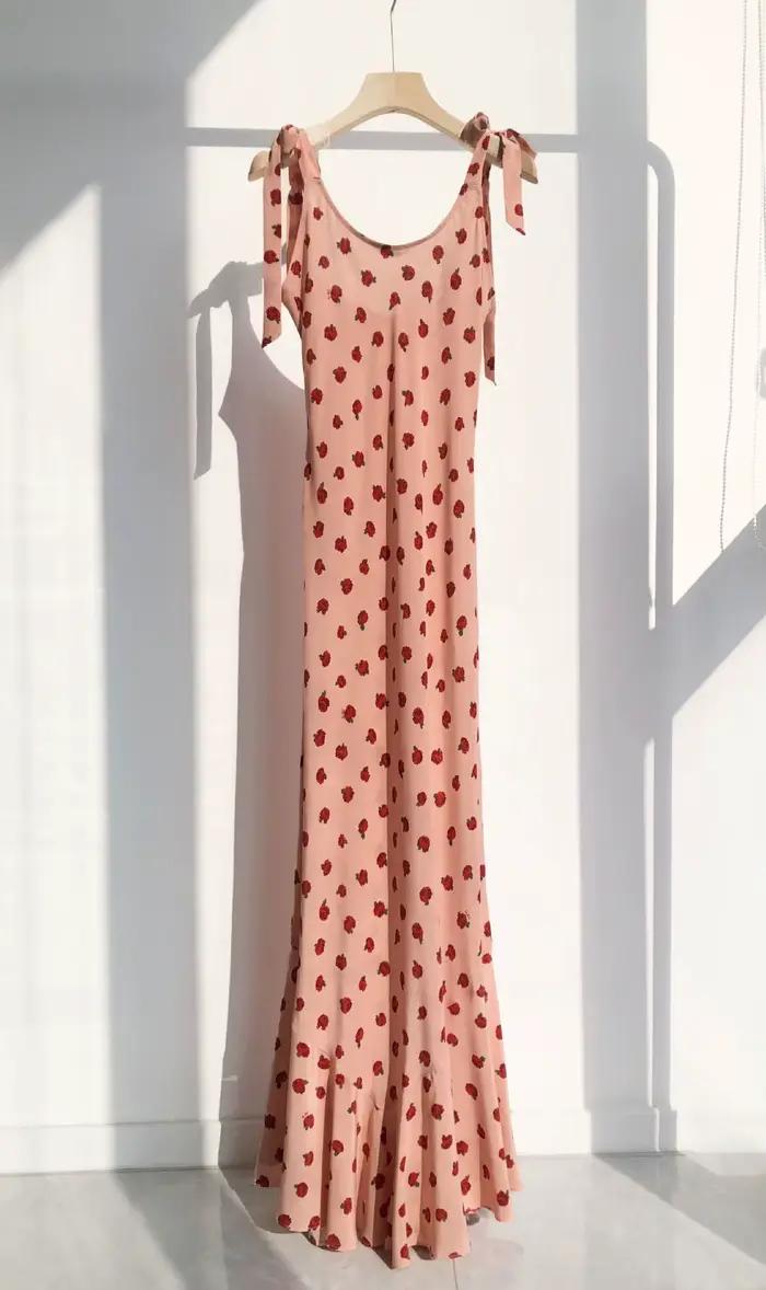 Robe longue rose 100% soie pour femmes