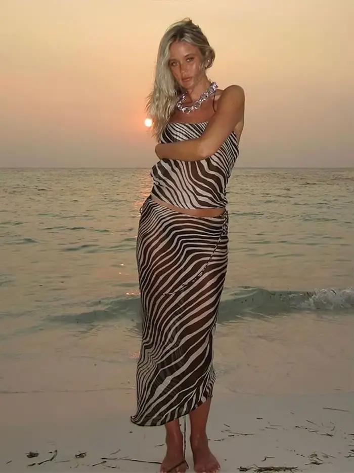 Sexy imprimé zèbre haut jupe ensembles pour femmes licou dos nu gilets mince hanche paquet jupes longues costumes 2025 été plage dame ensemble