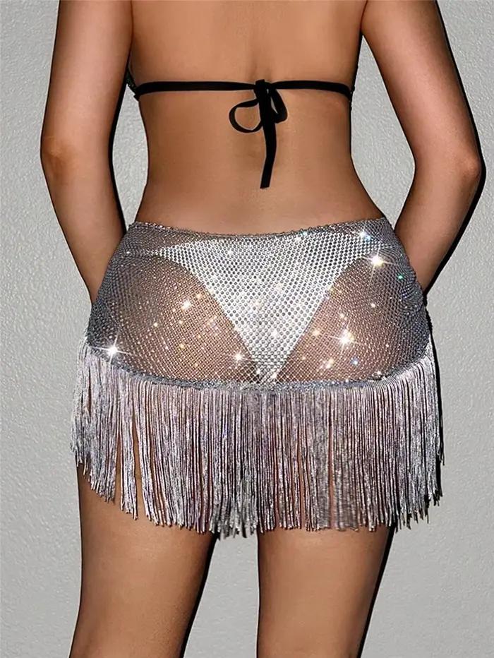 Mini jupe à franges en strass brillant pour femmes