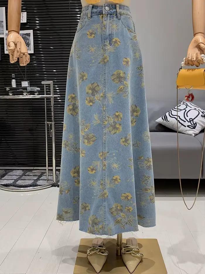 Imprimé fleuri Denim jupes longues femmes été mince Maxi jean jupe Vintage taille haute