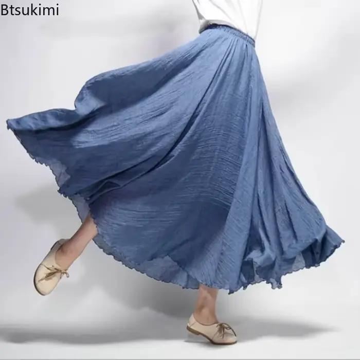 Nouvelles femmes d'été Vintage coton lin jupe solide élastique taille haute tout Match jupes Maxi Style Boho