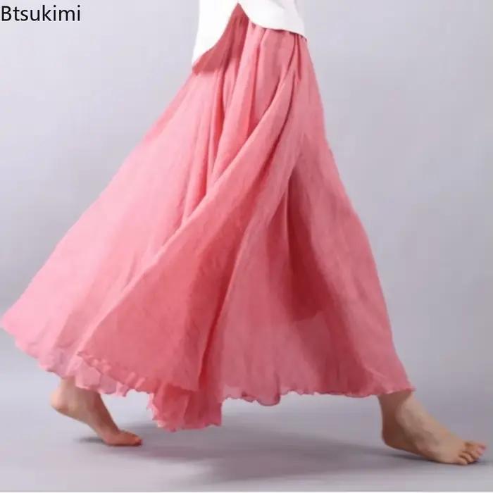 Nouvelles femmes d'été Vintage coton lin jupe solide élastique taille haute tout Match jupes Maxi Style Boho