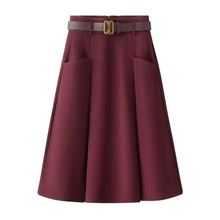 Femmes mode laine mi-longue jupes 2025 dame a-ligne grand parapluie jupe printemps automne Femme taille haute plissée