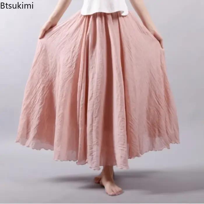 Nouvelles femmes d'été Vintage coton lin jupe solide élastique taille haute tout Match jupes Maxi Style Boho