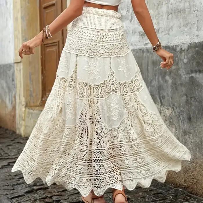 Yiiciovy été dentelle fleur jupes de plage femmes a-ligne Maxi jupe longue Crochet Boho