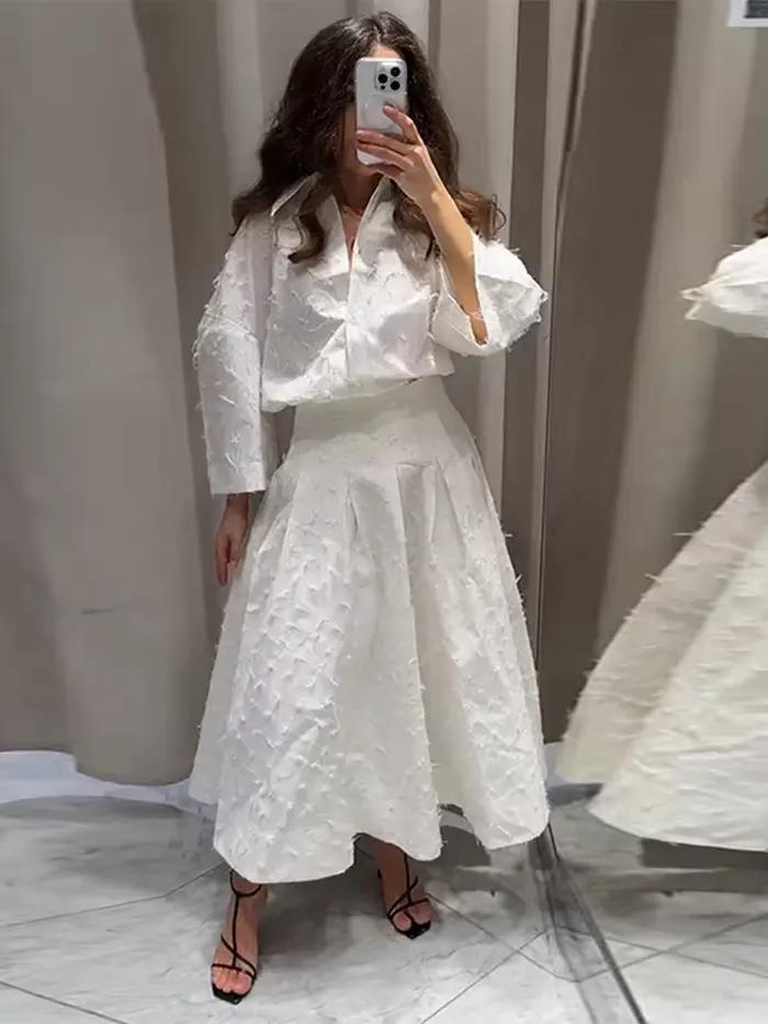 Élégant Franges Chemise Jupe Ensemble Femmes Demi Manches Revers Simple Boutonnage Chemises A-Ligne Jupes Longues Costume 2025 Été Dame Ensembles Moderne et Pratique Pour Femmes Occasions Spéciales