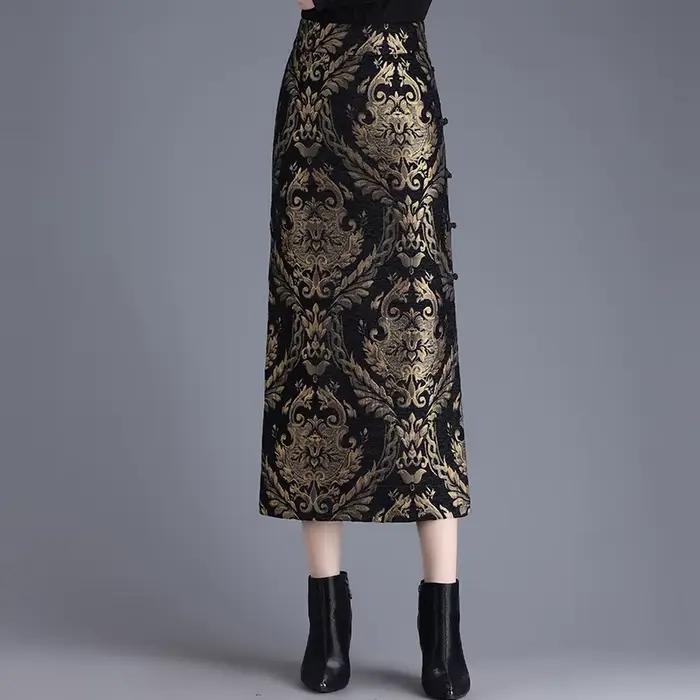 ZUZK velours or gaufré jupe droite femmes automne hiver nouveau rétro coupe ajustée corps fendu mi-longue une étape