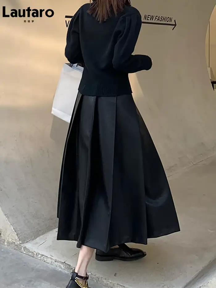 Jupe Mi-Longue Plissée en Faux Cuir Lautaro pour Femmes Occasions Spéciales Mode Coréenne Elégante Bureau Chic