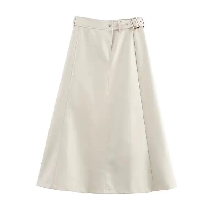 Jupe longue trapèze en faux cuir pour femme, avec ceinture écharpe, ample, grande balançoire, mi-longue, élégante, pour le bureau, nouvelle collection automne hiver