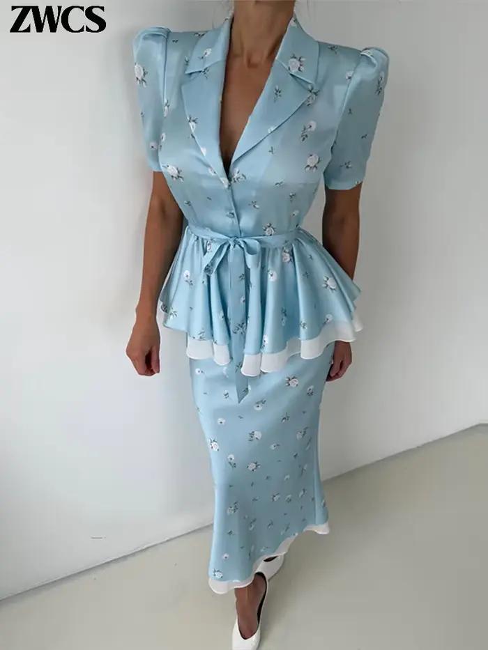 Ensemble de jupes pour femmes à imprimé floral et volants, hauts élégants à col en V et manches courtes avec lacet à la taille, jupe longue ajustée, nouvelles tenues 2026 pour soirées officielles