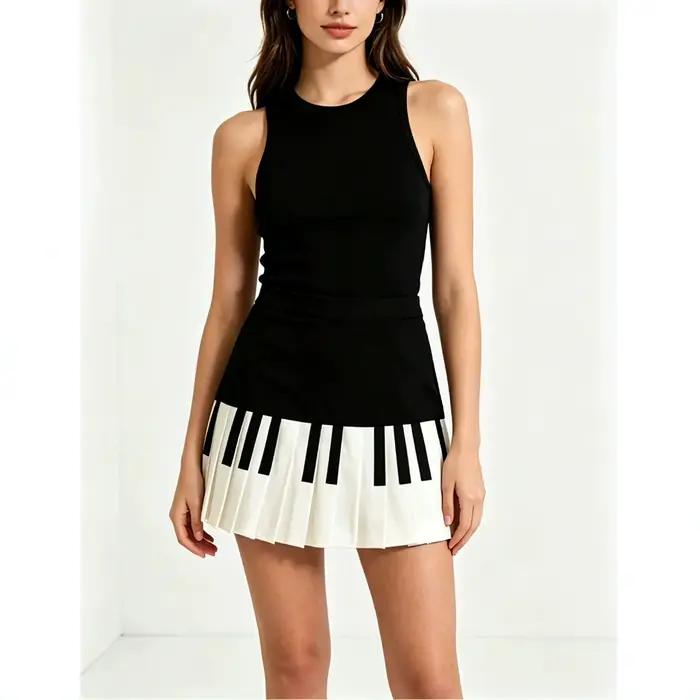 Jupe mi-longue ajustée à motif piano noir et blanc pour femme