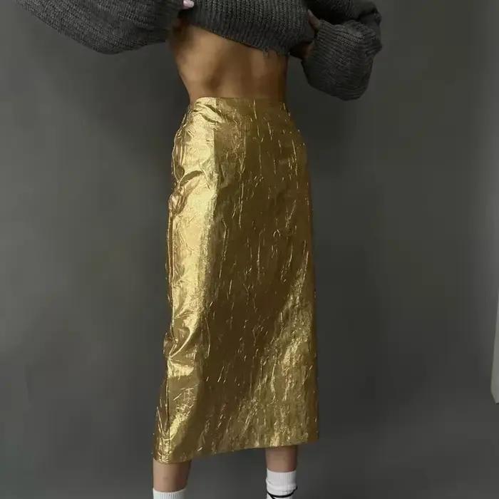 Jupe midi taille haute dorée pour femmes