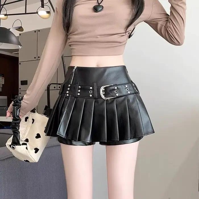 Jupe rétro noire en cuir Pu pour femme