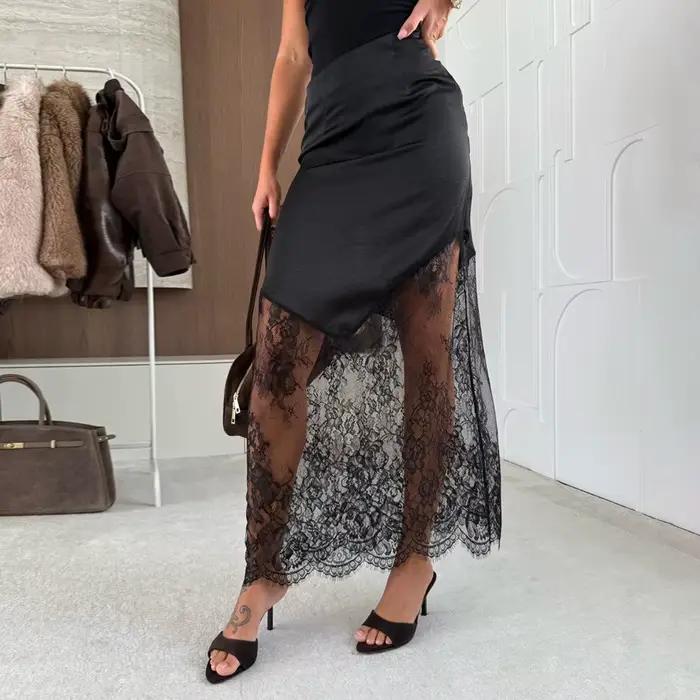 Jupe longue en Satin et dentelle pour femmes