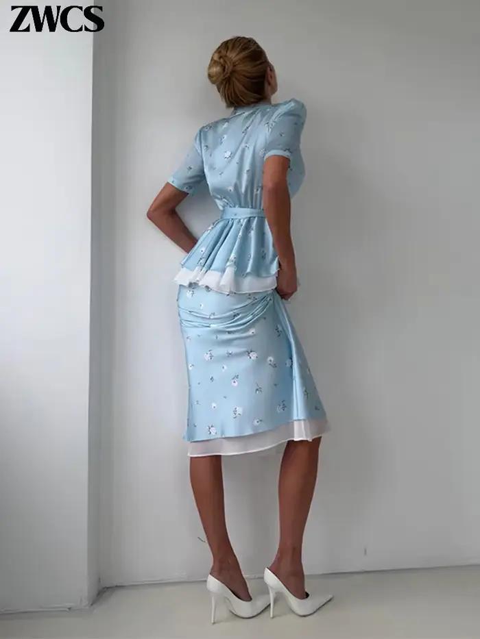 Ensemble de jupes pour femmes à imprimé floral et volants, hauts élégants à col en V et manches courtes avec lacet à la taille, jupe longue ajustée, nouvelles tenues 2026 pour soirées officielles