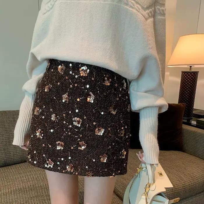 Jupe taille haute à paillettes pour femmes