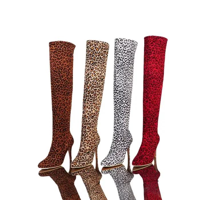Cuissardes hautes femmes mode Sexy automne hiver talons hauts fins belle jambe petite tête ronde motif léopard bottes longuesK9