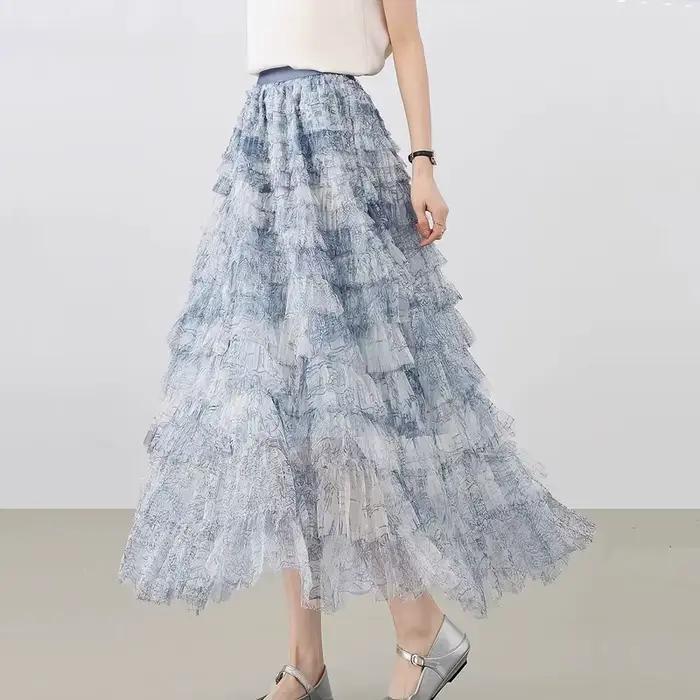 Jupe longue femme 2026 chic taille haute coupe trapèze en maille tie-dye avec patchwork et volants en tulle