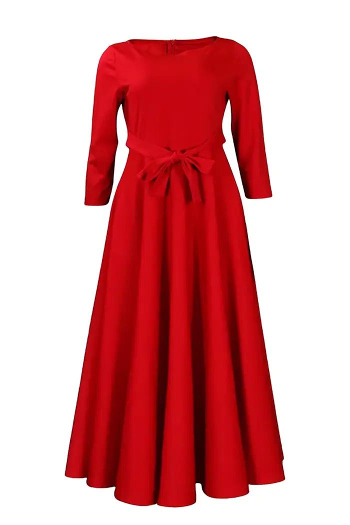 Robe de noël grande taille pour femmes, rouge, automne hiver, col rond avec poche, robes mi-longues élégantes