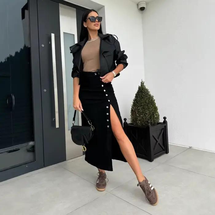 Jupe taille haute rétro bouton irrégulier asymétrique en coton polyester pour femmes junior style streetwear automne hiver 2025