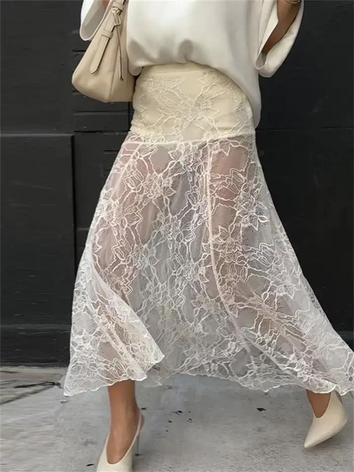 Jupe longue transparente en dentelle imprimée pour femme