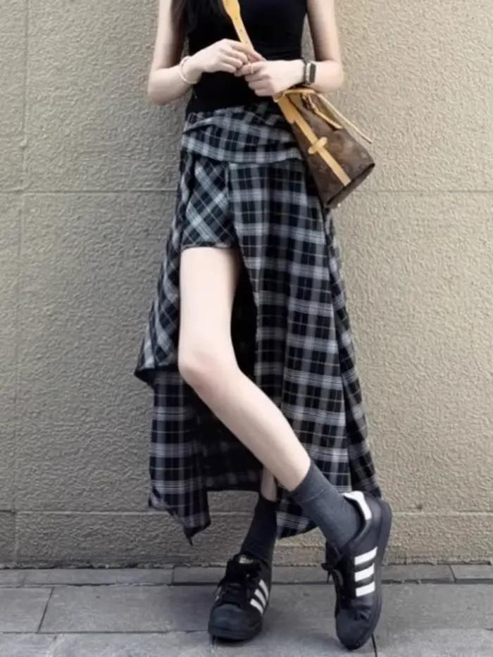 Jupe longue fendue à carreaux sexy pour femme