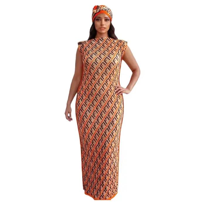 Robe longue africaine avec écharpe, style streetwear, motif géométrique, polyester, sans manches, longueur cheville, décolleté rond, adaptable pour femmes occasions spéciales