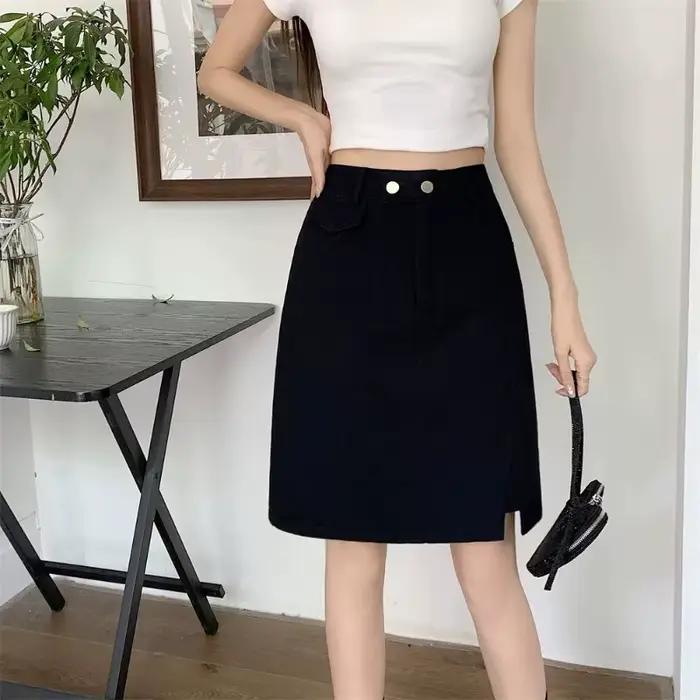 Jupe en jean polyester pour femme, coupe trapèze, taille haute, mi-longue, plage, streetwear, printemps été 2026