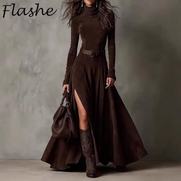 Mode femmes col roulé robe longue