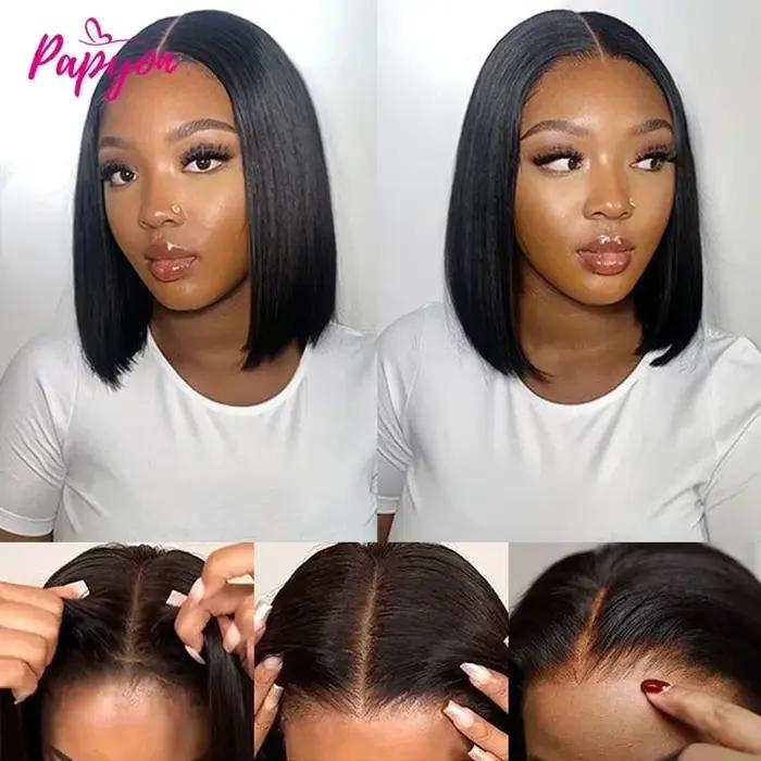 Perruque courte et droite, sans colle, prête à porter, en cheveux naturels, pré-coupée, avec cordon élastique 4x4, version améliorée