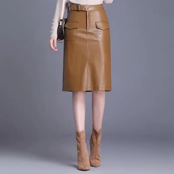 ZUZK femmes genou longueur PU jupe en cuir printemps automne couleur unie décontracté jupes droites