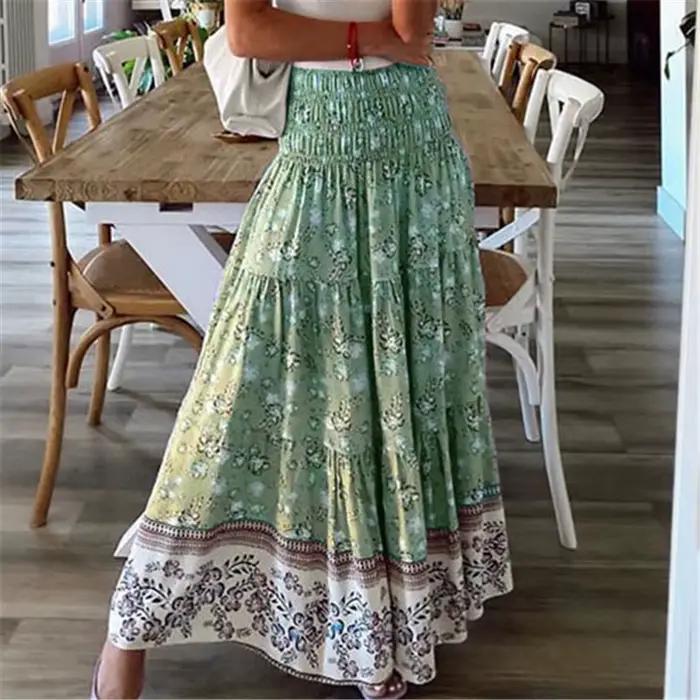 Jupe ample fleurie style bohème pour femmes, polyester extensible, longueur cheville, décontracté toute saison, multicolore