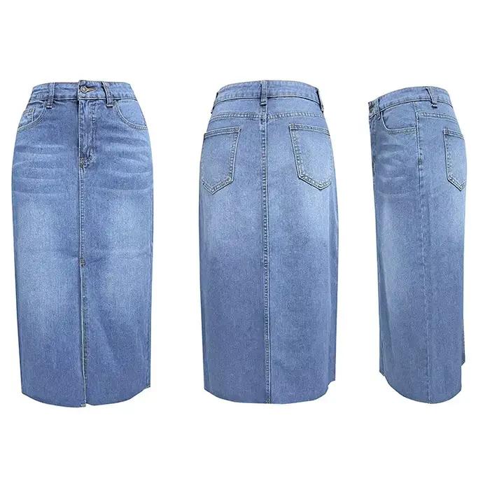 Jupe en jean moulante fendue coupe trapèze style Spice Girl sexy Printemps/Été 2026