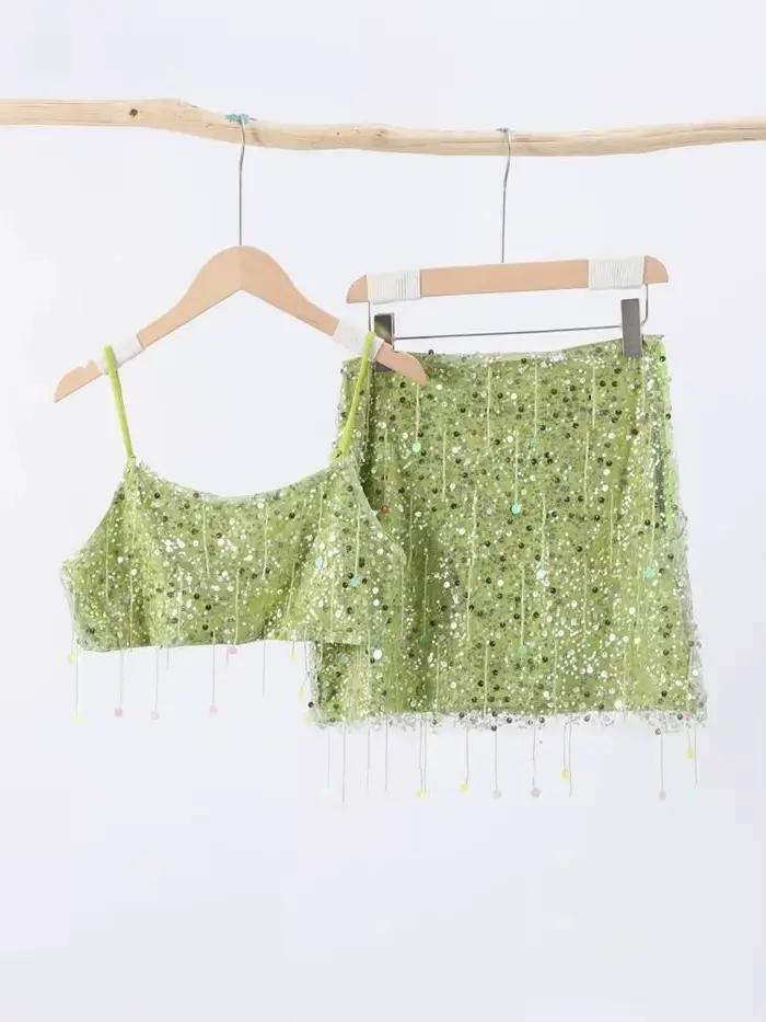 Ensemble jupe à franges à paillettes pour femmes