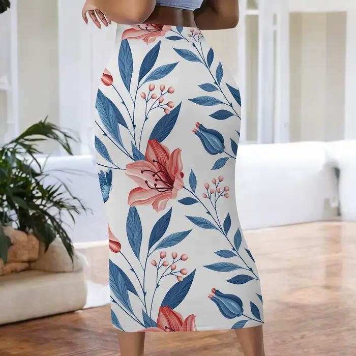 Jupe à imprimé floral, motif de feuilles bleues