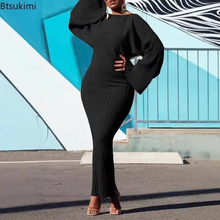 Femmes automne manches chauve-souris tricoté côtelé Robe longue moulante solide élégant col rond