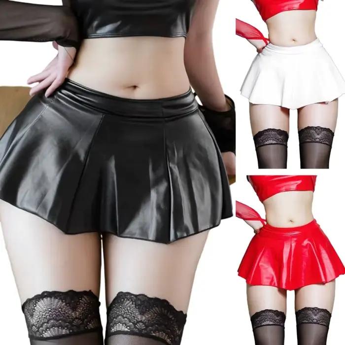Mini jupe plissée en Faux cuir PU pour femmes