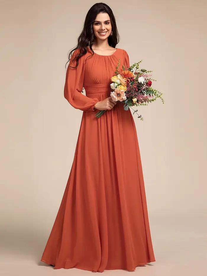 Robes de soirée élégantes, longues, à manches longues, col rond, en mousseline de soie, longueur au sol, Ever Pretty, couleur orange brûlé, robe de bal pour femmes