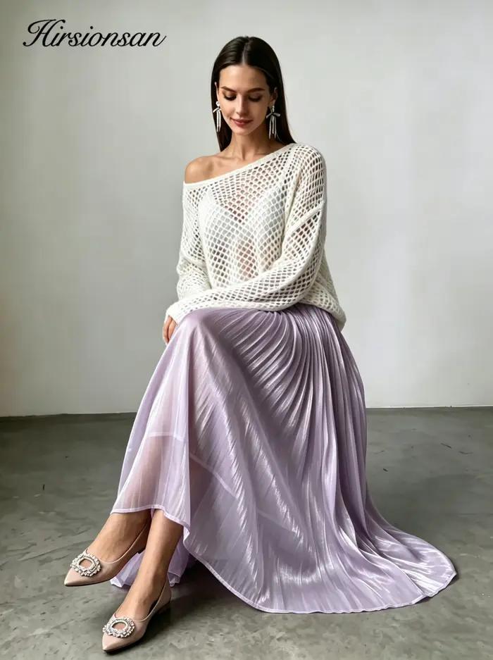 Hirsionsan-Jupe mi-longue taille haute en satin pour femme