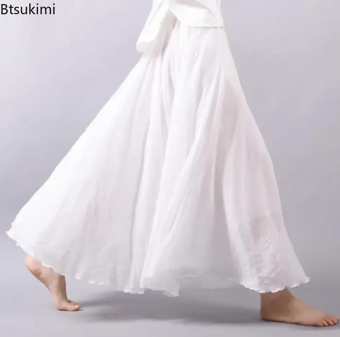 Nouvelles femmes d'été Vintage coton lin jupe solide élastique taille haute tout Match jupes Maxi Style Boho