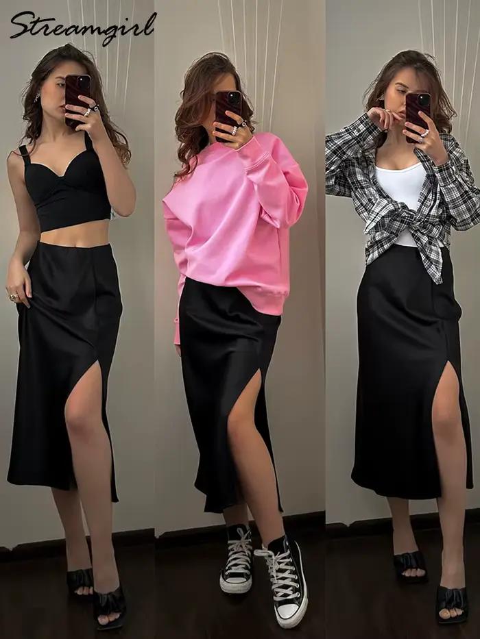 Jupe mi-longue en satin noir pour femme