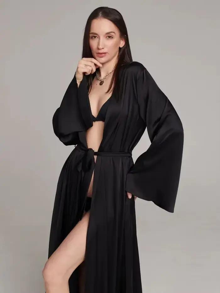 Robe de nuit en Satin blanc et noir pour femmes, Peignoir évasé à manches longues, Robe de mariée Sexy