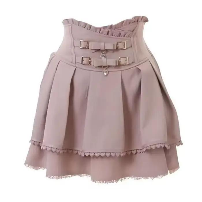 Jirai Kei Sweet Lolita Skort 2024 été-Double nœud papillon taille haute jupe courte avec boucle en cuir coupe ajustée