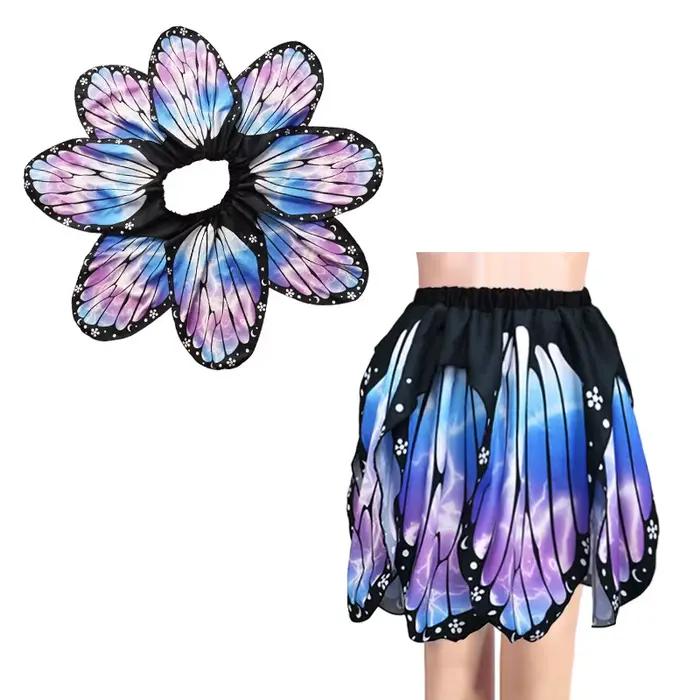 Jupe plissée irrégulière taille haute fantaisie à imprimé papillon et pétales pour femme