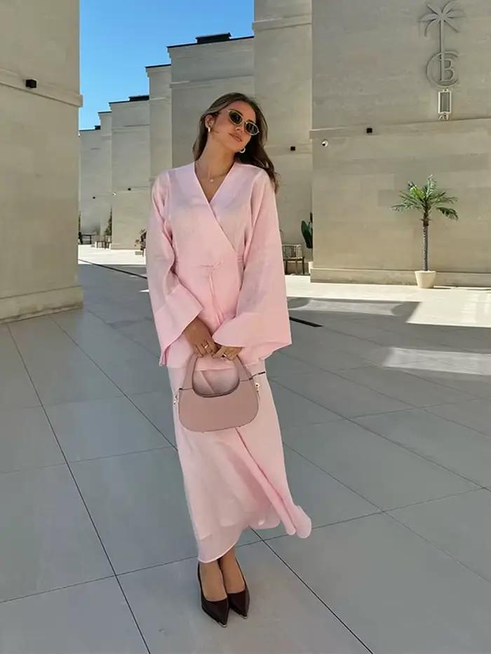 Mode col en v à lacets haut jupe femmes ensemble élégant solide longue chemise sans manches